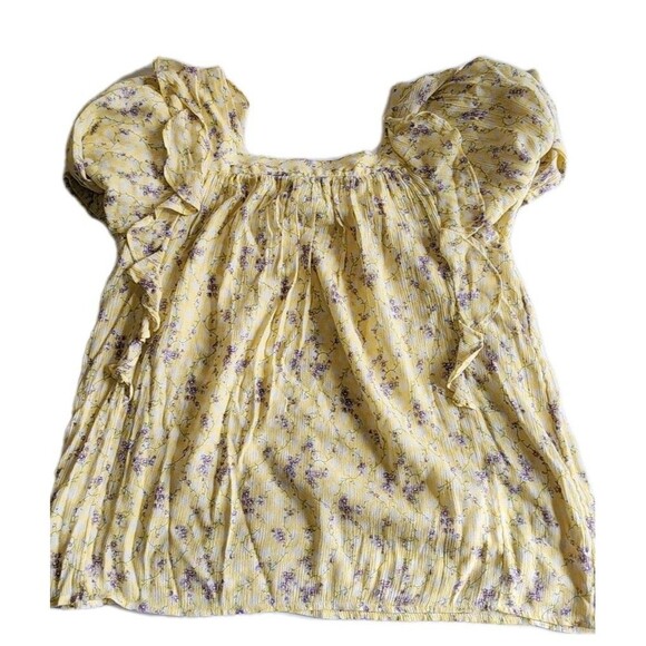 Chaps Womens Squareneck Ruffle Top Blouse Yellow Lilac Floral Gauze Size S - Picture 8 of 8